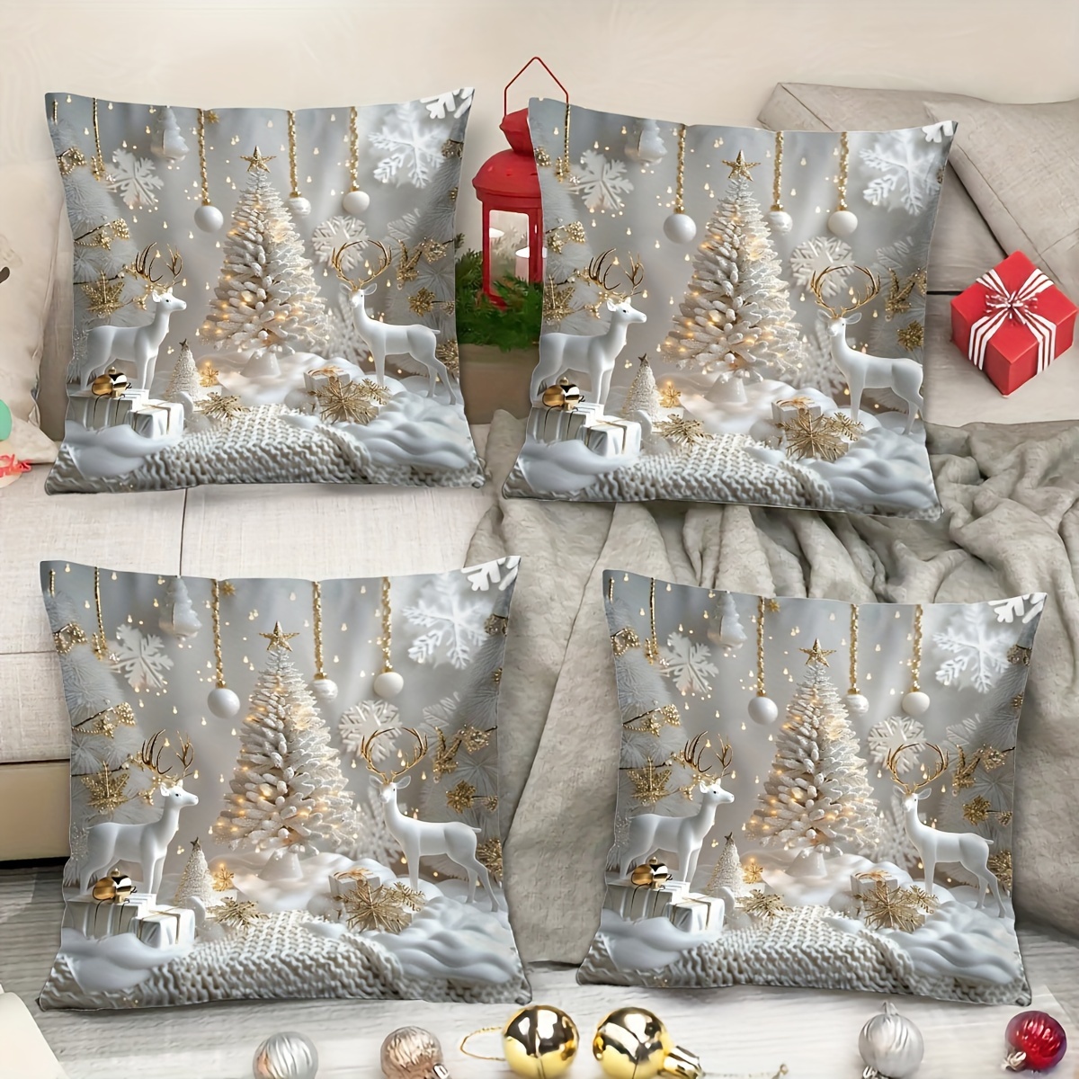 

4pcs Christmas Printed Christmas Gifts And Suitable For Sofa Decoration 17.7" X 17.7