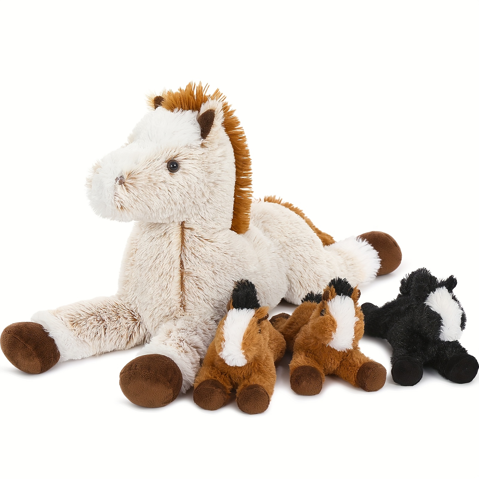 TEMU Maogolan 4pcs Horse Stuffed Animal Set, 21inch Large Stuffed Mommy Horse With Babies Pony Toys, Brown Stuffed Horse Plush Pillow For Boys Girls