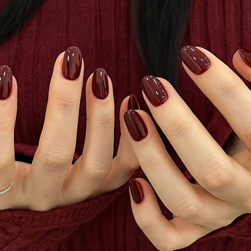 24pcs bright burgundy press on nails short oval false nails for women valentines day nails glossy shiny nails reusable on for autumn winter nail art daily wear with jelly