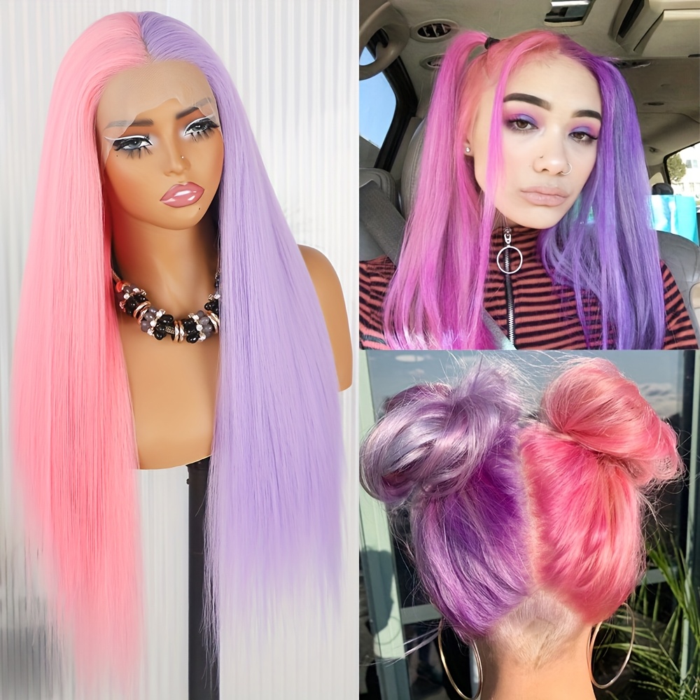 pink purple hair lace front wig synthetic glueless ombre hot  display picture 1