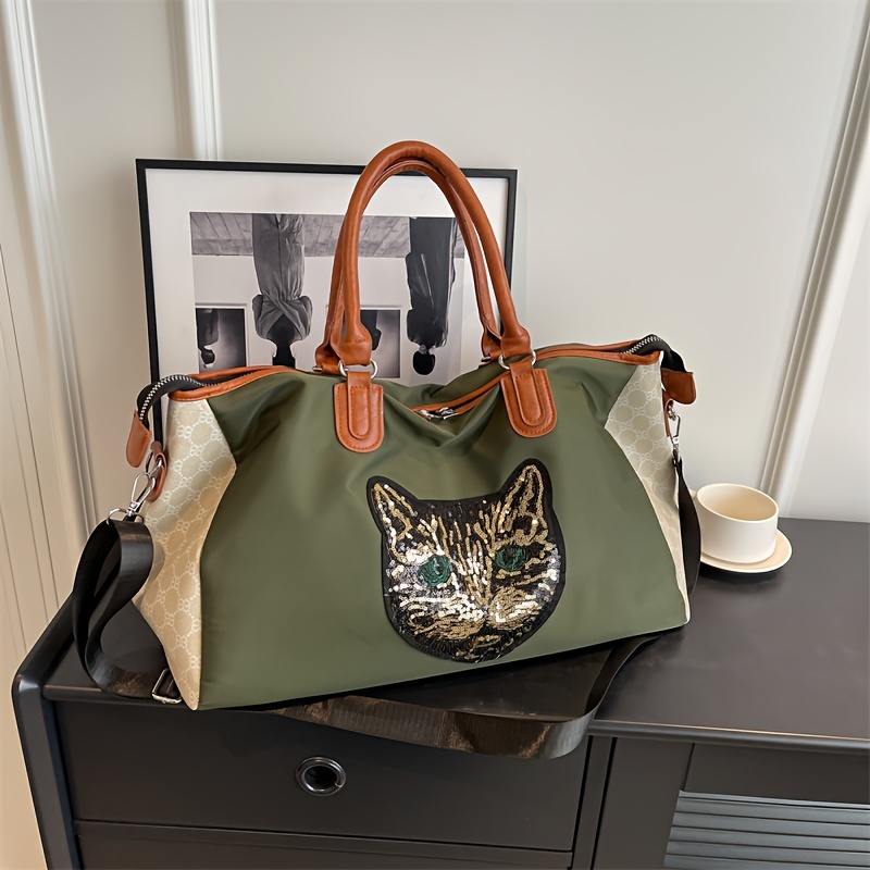 large capacity sequins cat pattern luggage handbag versatile portable duffle bag short distance zipper storage bag details 1