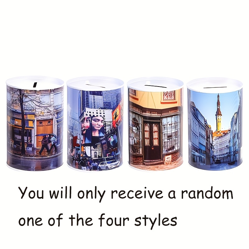 Image of 1pc City Cylindrical Bank, Creative Sealed Cash And Coin Savings Jar, Stylish Money Bank, Unique Metal Savings Bank For Birthday And Holiday Gifts, 4 Random Styles