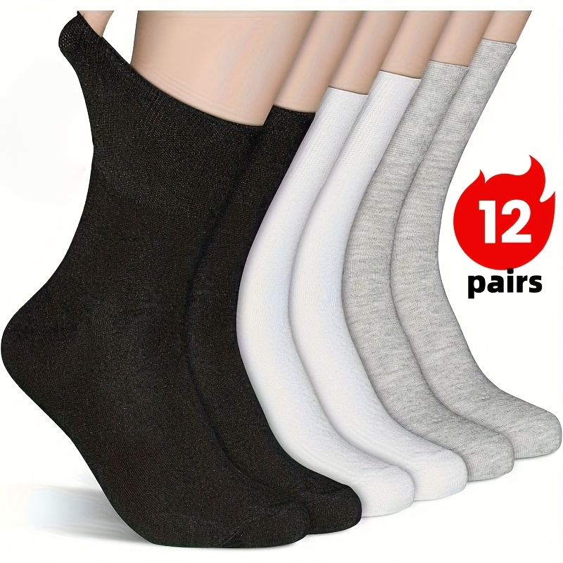 TEMU 12-pair Loose Cuffs Socks, Non-constricting For Swollen Ankles, Plus Size Socks For Men And Women. In 3 Colors: Black, White, And Gray. Mid-calf
