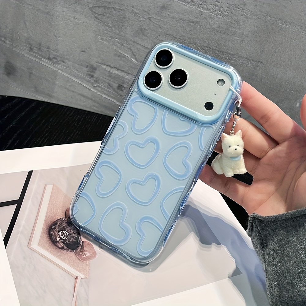 TEMU Phone Case: Premium Full-screen Blue Heart Dopamine Jelly Phone Case With Cute Puppy Charm Chain, Suitable For Multiple Iphone Models Including