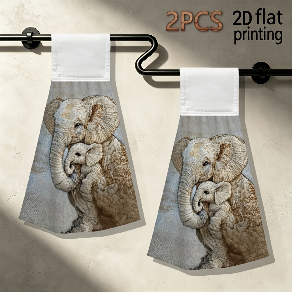 TEMU 2d Flat - 2d Flat - 2pcs, Hand Towels, 2d Flat Elephant Mom And Theme Printed Pattern, Hanging Towels, Soft Absorbent Microfiber Material, Best