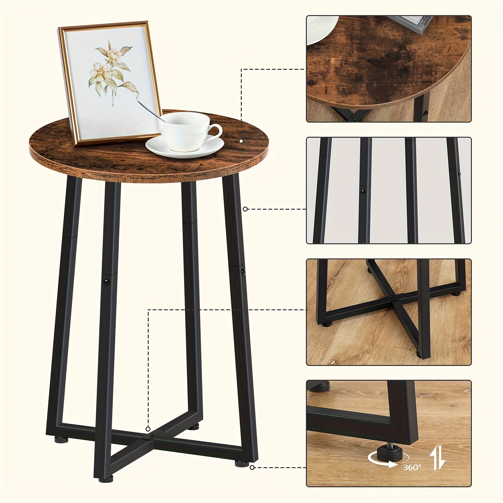 Image of Round Table, Sofa Table With Stable X-shaped Metal Frame, 40cm Bedside Table Suitable For Living Room, Bedroom, Foyer, Etc. Space- And Black Small Tables