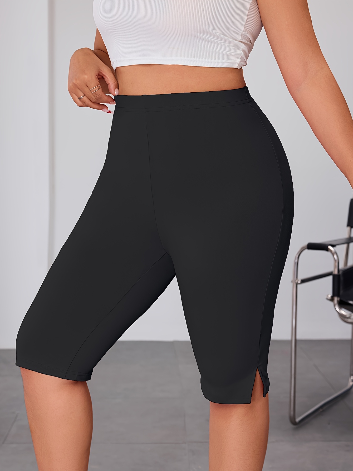 Plus Size, Plus Size High-Waisted Leggings with Side Slit - Stretchy Solid Black Pants for Women, Machine Washable & Dry Cleanable, Spring Summer Fall Casual Wear, Pants, Seasonal, Highwaisted Design, Medium Elasticity, Nontransparent Fabric, Bottoms, Breathable Material, Enthusiasts