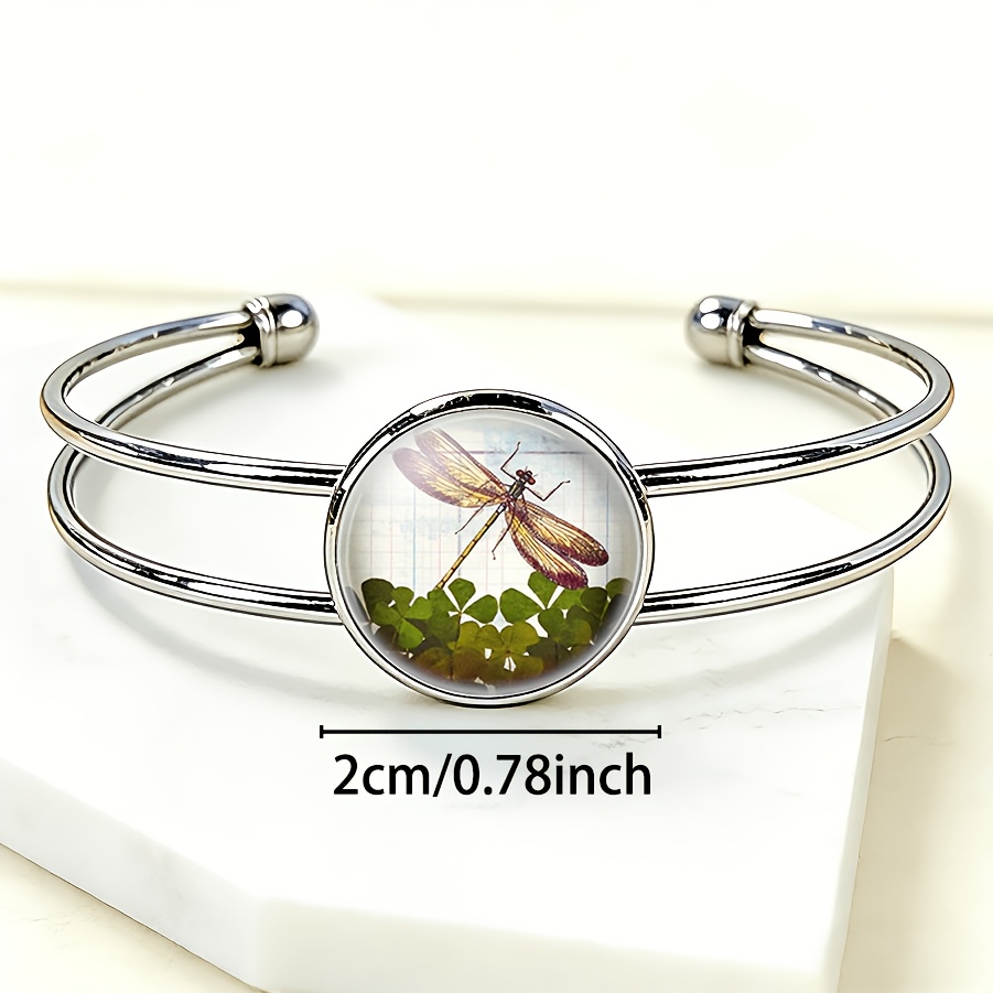 Adjustable Open Bangle with Round Time Gemstone Inlay, Classic Design