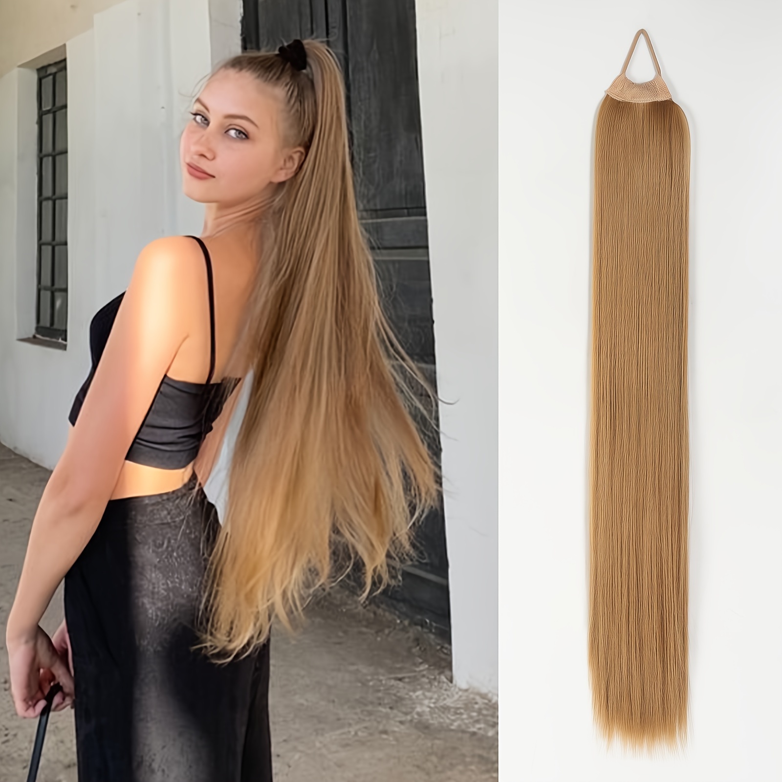 ponytail extensions featuring a flexible elastic band suitable for women measuring 28 inches in length with straight soft and natural looking synthetic ponytails   in mixed shades of blonde   and silvery details 0