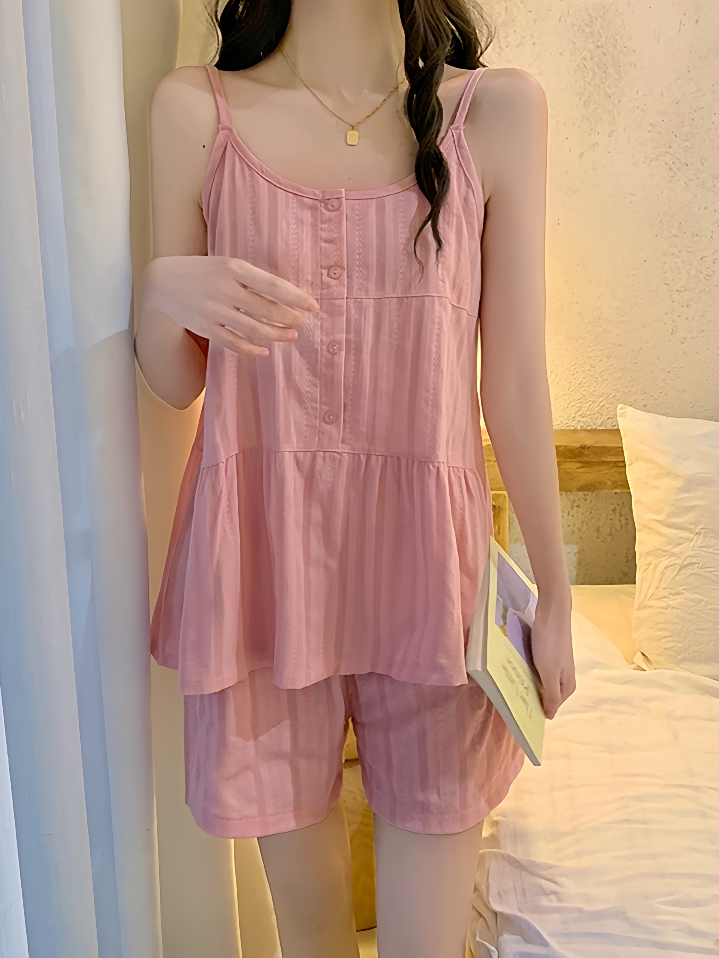  Sleeveless Camisole Set - Loose Adjustable Strap Sleeveless Top & Elastic Waist Shorts - Casual, Loose & Comfortable Summer Loungewear for Adults & Teens