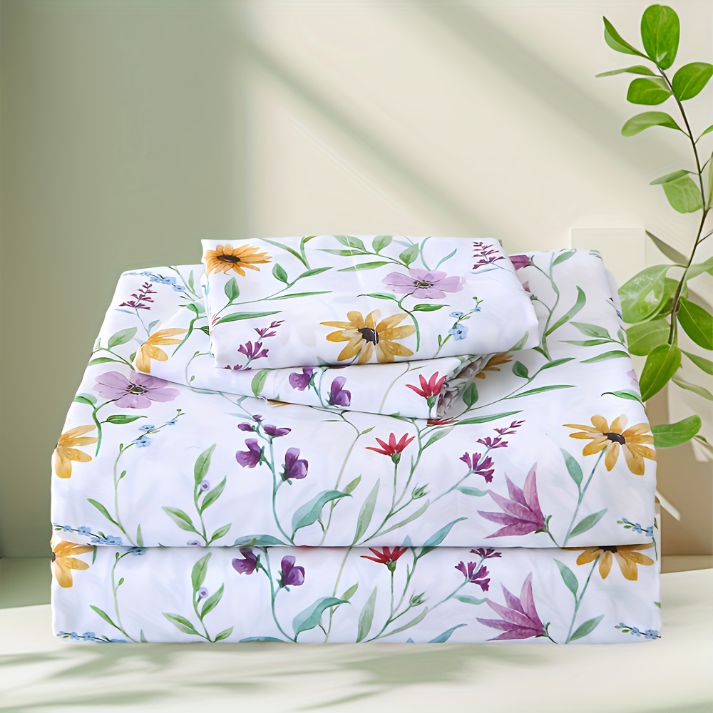 TEMU 4pcs 2000tc Flower Printed Bed Sheet Set-bed Sheet Sets (1flat Sheet, 1fitted Sheet And 2pillowcases)-hotel Luxury Soft &breathable Bedding Set