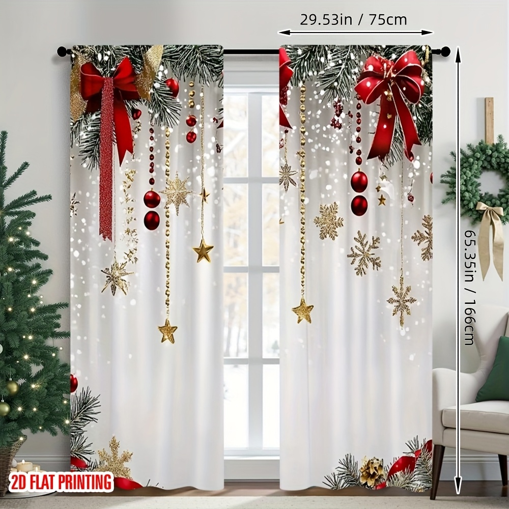 TEMU 2d Flat Printing 2pcs Christmas Happy Curtain Set, Red Bow Fabric, No Electricity Needed, Suitable For Home Parties, Booth And Studio Props