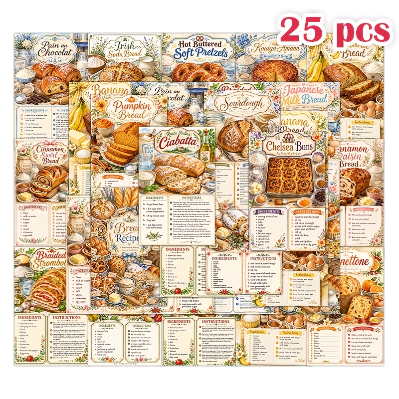 TEMU 25pcs Vintage Baking Recipe Pattern Gift Cards, Watercolor Bread Pastry Blank Recipe Recording Cards, Retro Floral Baking Illustration Mini