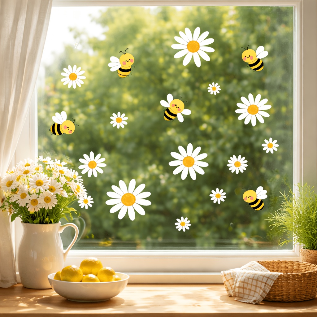 TEMU 2pcs Cartoon Daisy And Cling Stickers, Adhesive-free Removable Static Cling Decals, Cute Pastoral Themed Art Decor Window Stickers, Free Edge