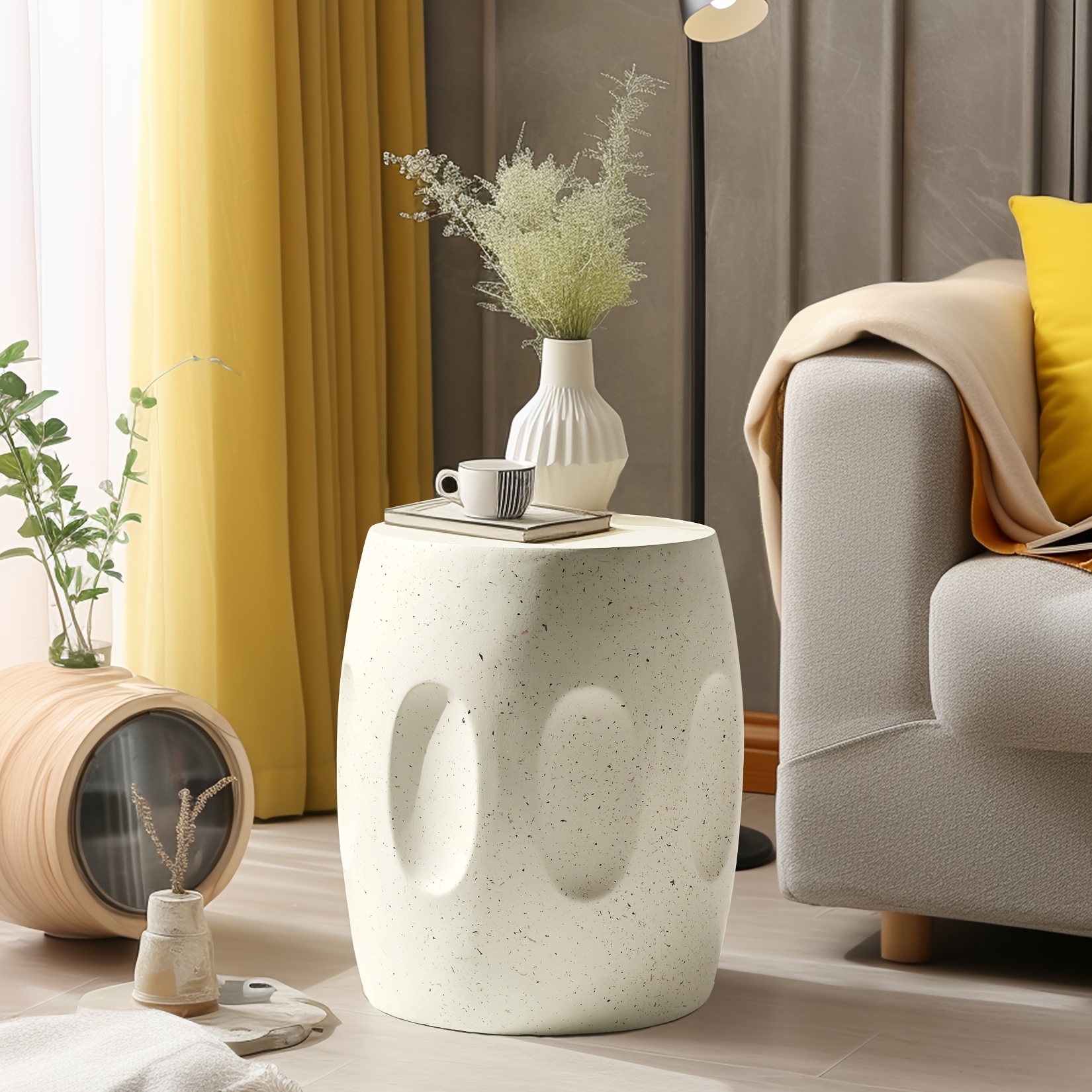 Heavy-Duty Magnesium Oxide Cement Round Outdoor Table - Vintage Cream White Suitable for Garden, Balcony, Patio, Porch, Living Room & Bedroom Accent Table with Polished Cement Top, Space-Saving, Compact Modern Furniture (46x39x39cm)