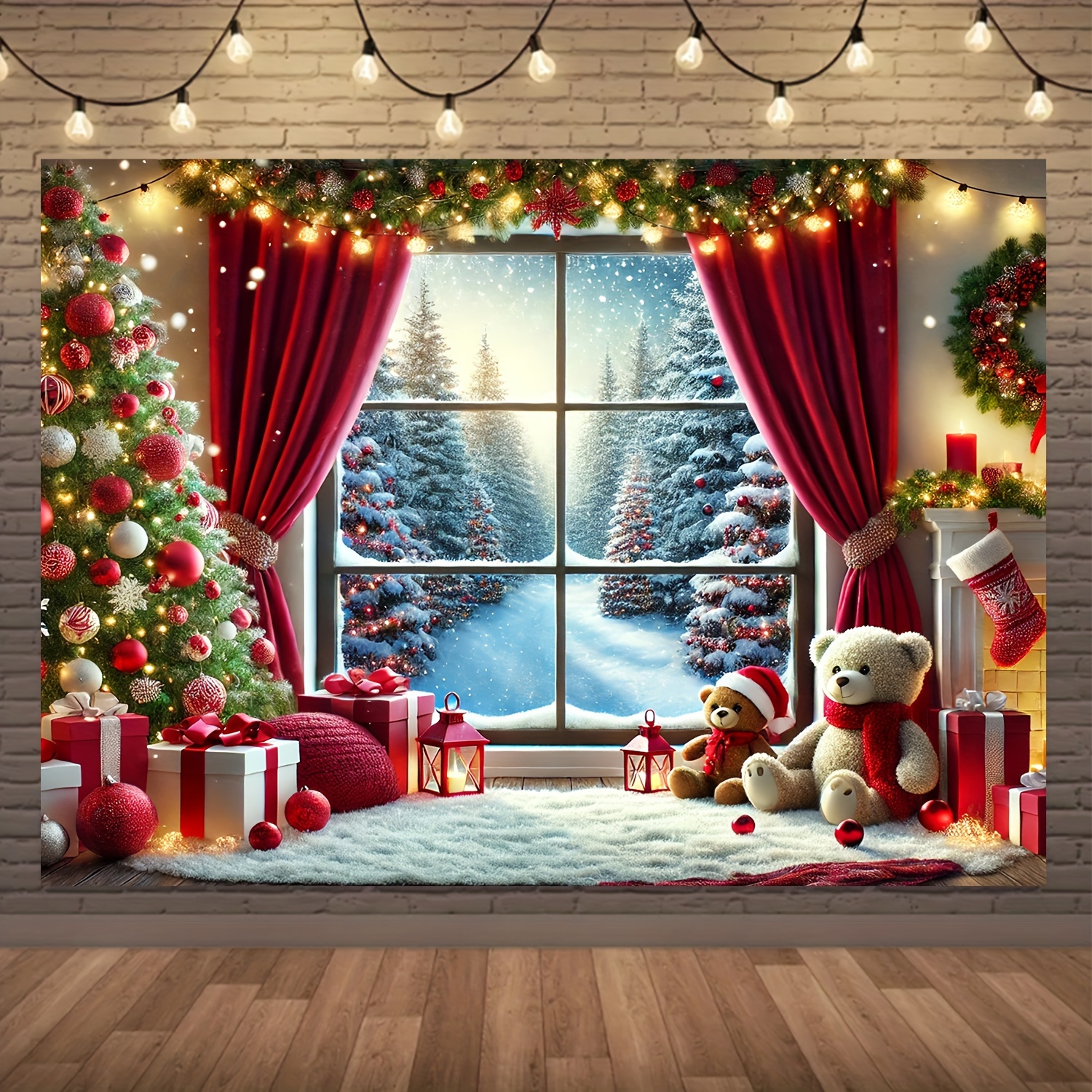 

1pc Polyester Christmas Backdrop - Winter Wonderland Scene With Christmas Tree, Presents, And Snowflakes For Holiday Party Decoration And Props