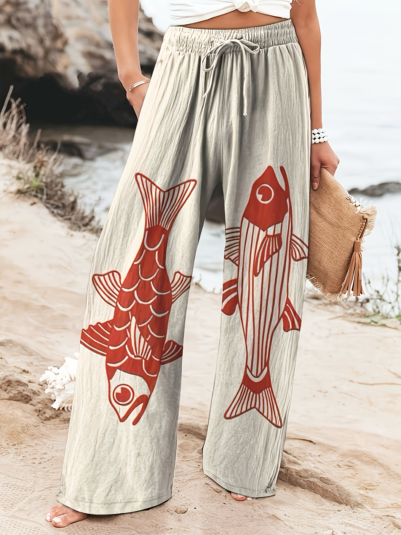 Pantalon Large Femme En Lin - Imprimé Poisson Bohème, Taille élastique, Poches - Style Japonais, été, Décontracté