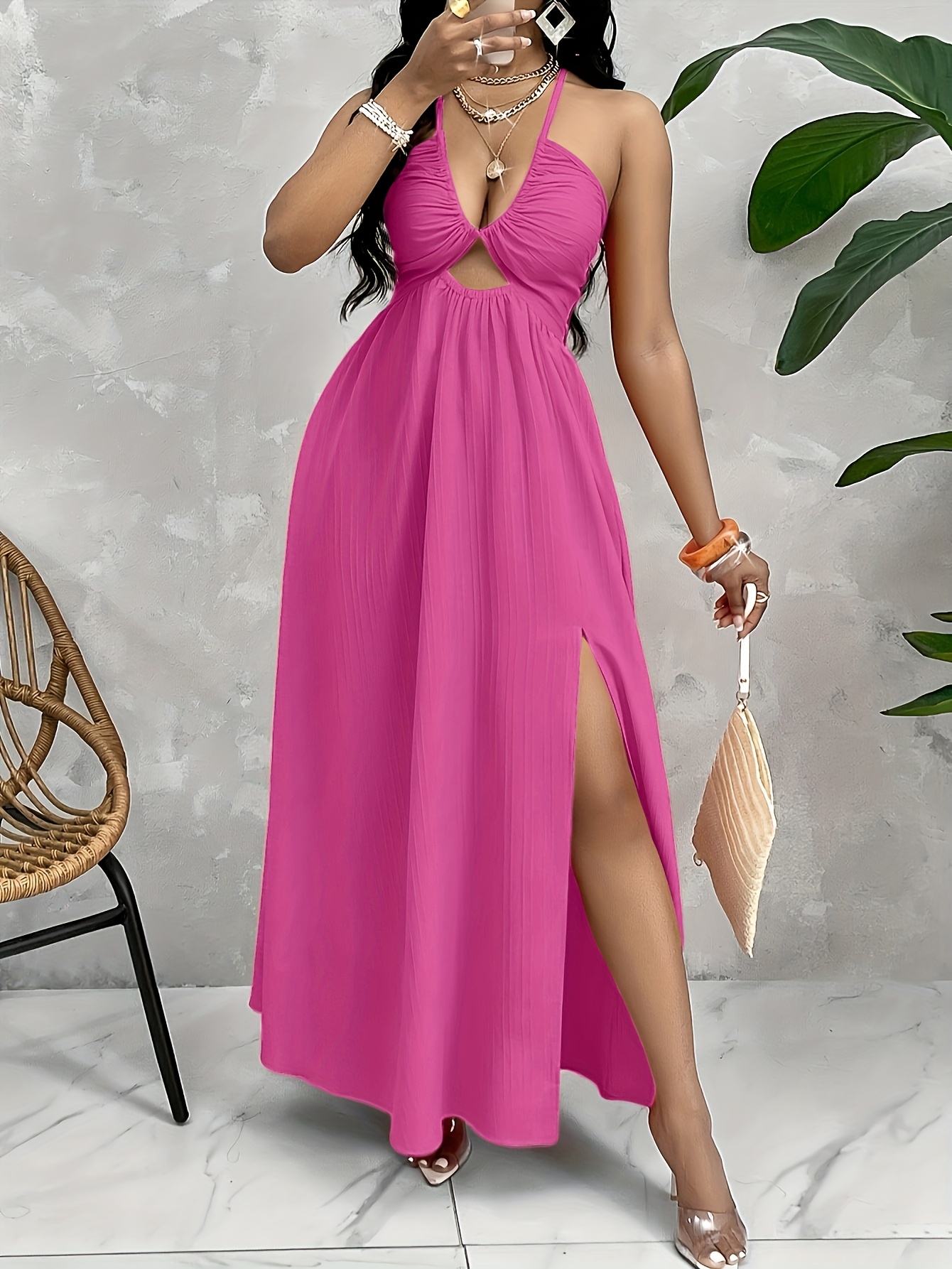 womens open back a line dress high slit machine - Temu Italy