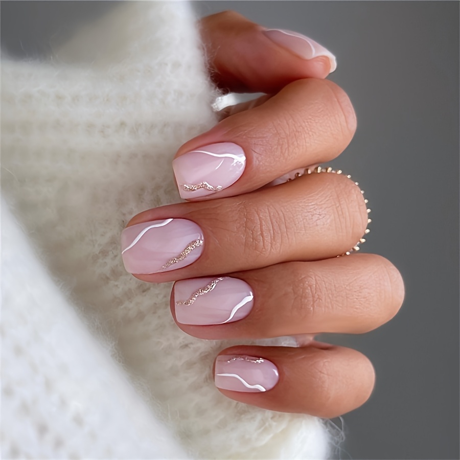 TEMU Set di 24 Unghie Finte Corte Quadrate da Applicare con Motivo Rosa, Design in Stile e Americano, Completo di Lucidalunghie, Colla Gelatinosa e