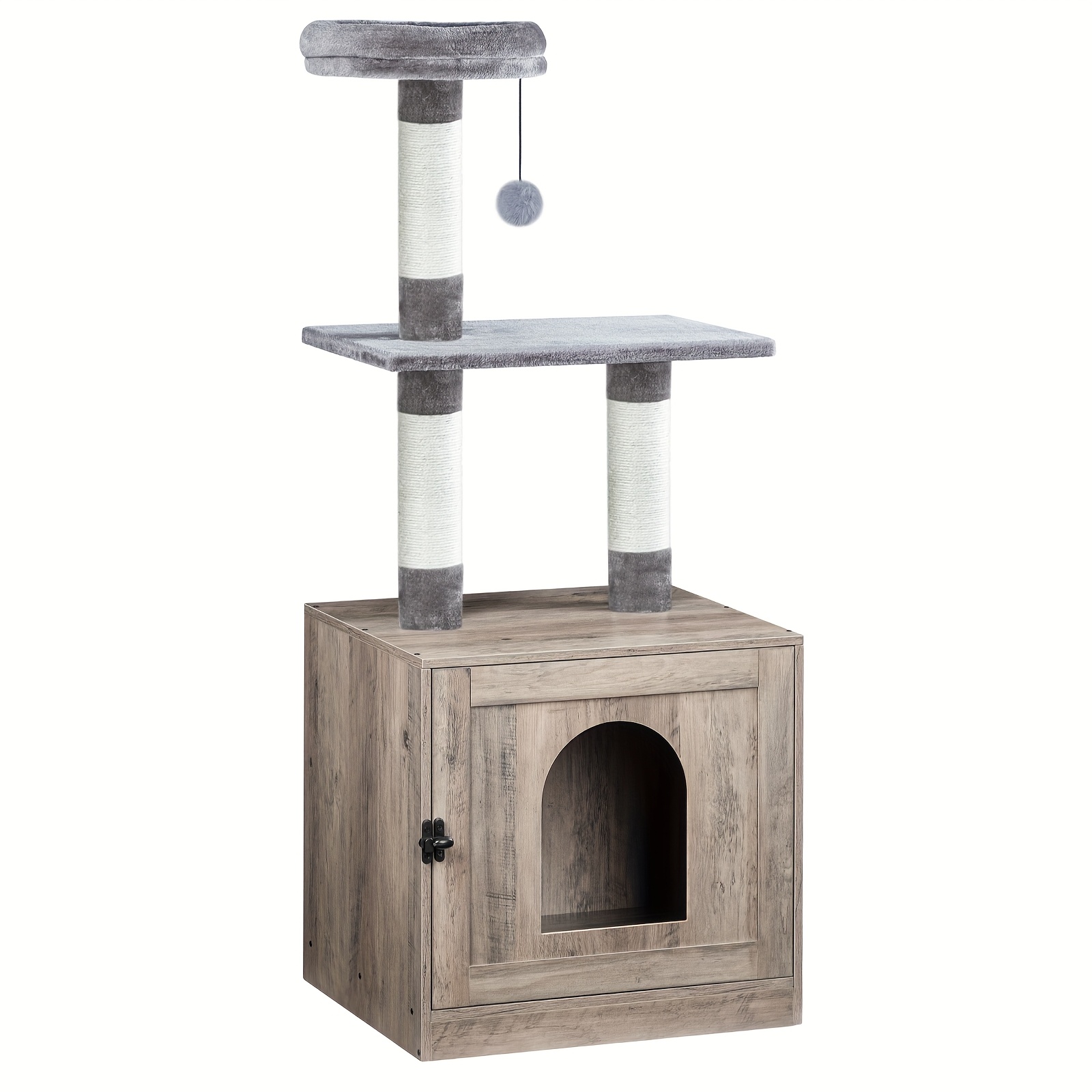 Image of Spacious Wooden Feline Shelter Featuring A Concealed Litter Box | Versatile Cat Furniture Equipped With A Sisal Scratching Post, , And Separate Sleeping Area, Ideal For Indoor Cats