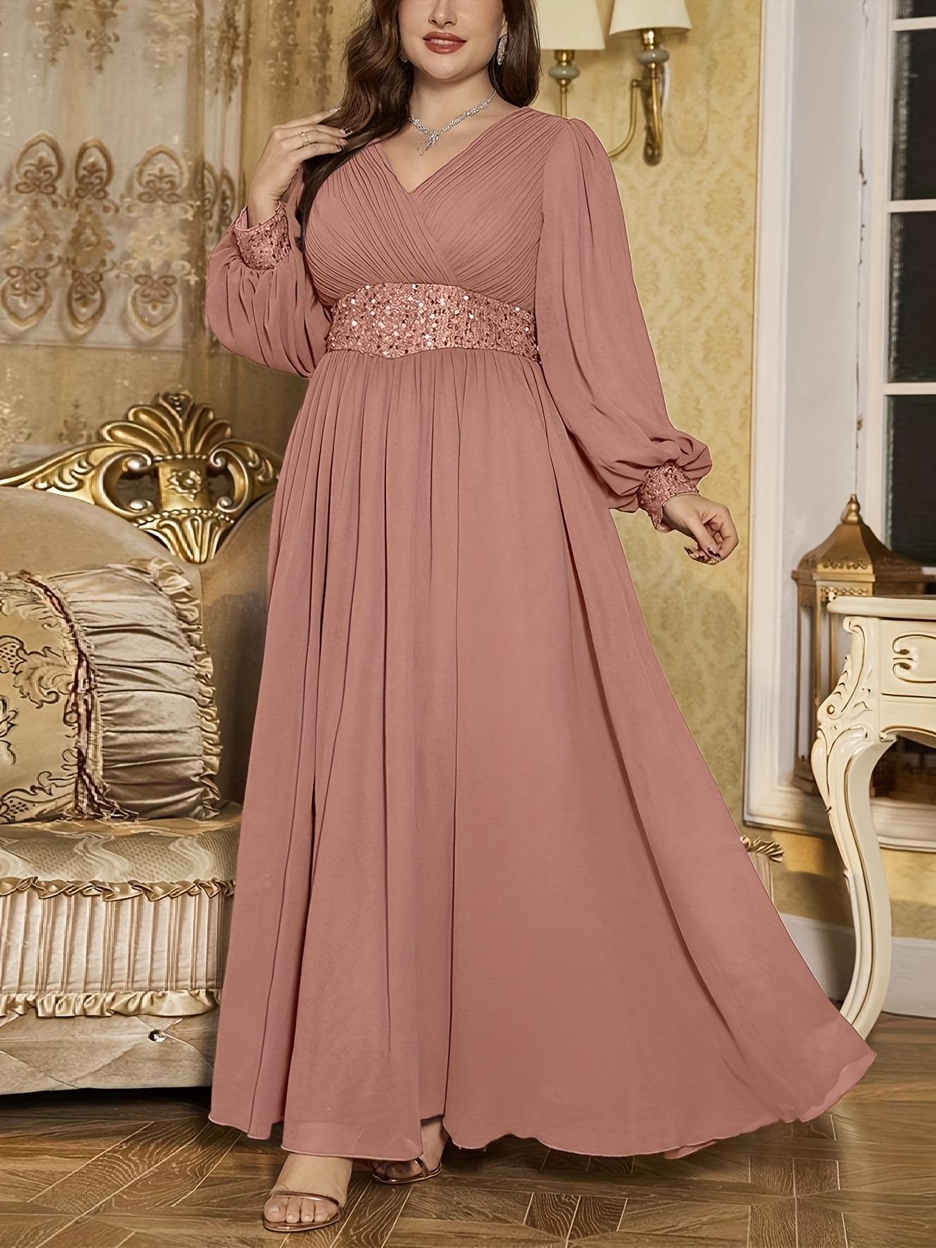 plus size womens plus size elegant v neck chiffon maxi dress - Temu Oman