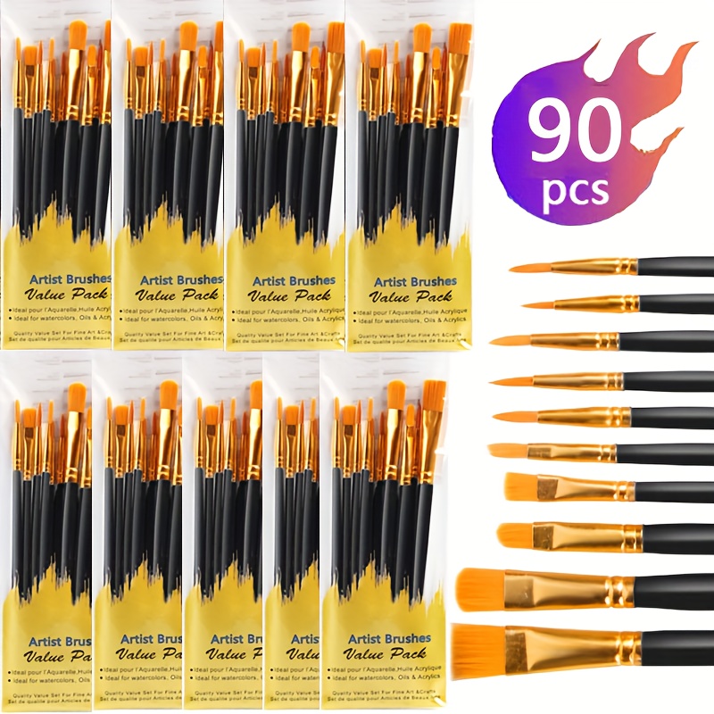 TEMU 90pcs Brush Set, Synthetic Hair Brushes With Plastic Handles, Medium Tip, Lightweight, Includes 9 Sets Of 10 Professional Art Brushes, Suitable
