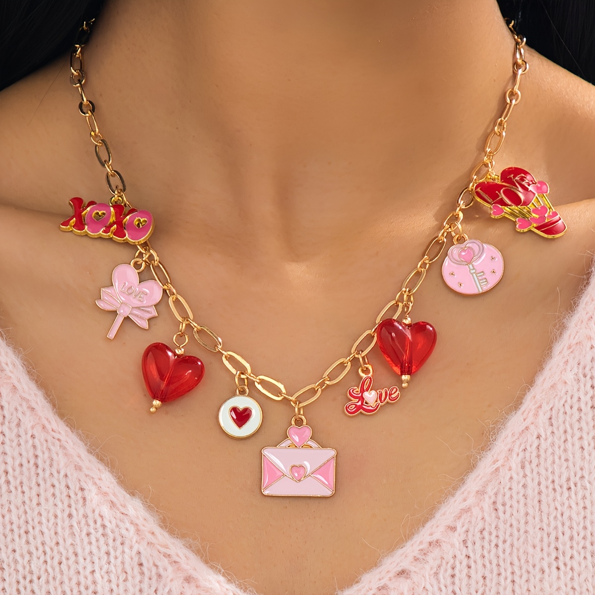 TEMU 1pc Fashionable Sweet Versatile Valentine's Day Alloy Enamel Pendant Necklace, Ideal For Women's Holiday Gifts And Daily Wear