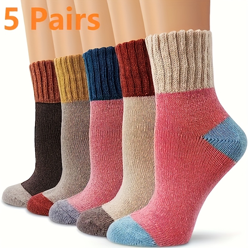 TEMU 5 Pairs Women's Color-block Striped Mid-calf Socks - Warm Acrylic, Hand Wash Only, Assortment For Outdoor & Casual Wear, Novelty Socks, Vibrant