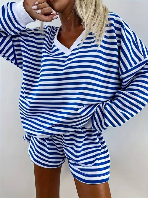 1set womens casual striped polyester lounge set v neck long sleeve top shorts knit fabric comfortable relaxed