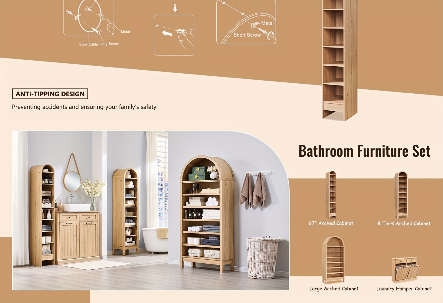 Wooden 67" Tall Arched Bathroom Storage Cabinet - Freestanding Linen Tower with Adjustable Shelves 11 Arched Cabinet Interior Detail