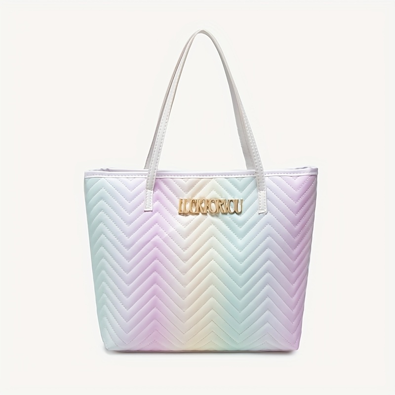 Image of Fashionable Quilted Large-capacity Rainbow Fabric Wavy Pattern Women's Handbag, Single-shoulder Bag, Versatile Tote Bag, Daily Handbag For Women, Colorful Fabric Cut