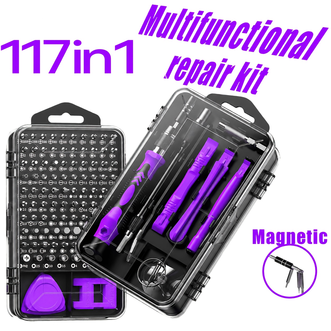 a 117 in 1 multifunction screwdriver set that allows for precise disassembly and can handle everything from phones to computers and watches   it     repair needs with strong magnetic bits and a non slip handle Product details 0