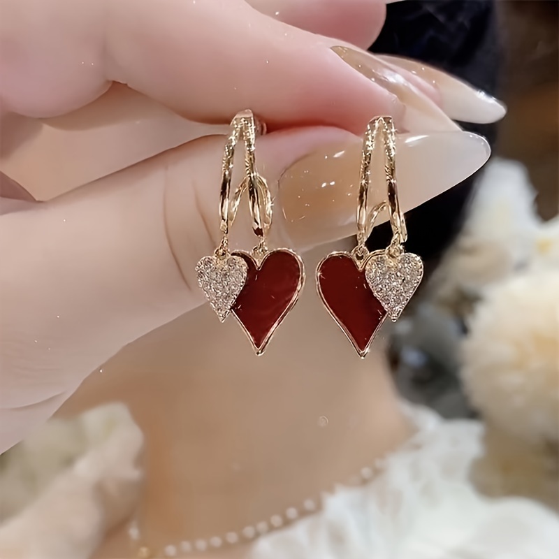 

Chic Red Heart Drop Earrings With Sparkling Synthetic Zirconia - Women's Alloy Tassel Dangle Ear Accessories For Daily And Party Wear