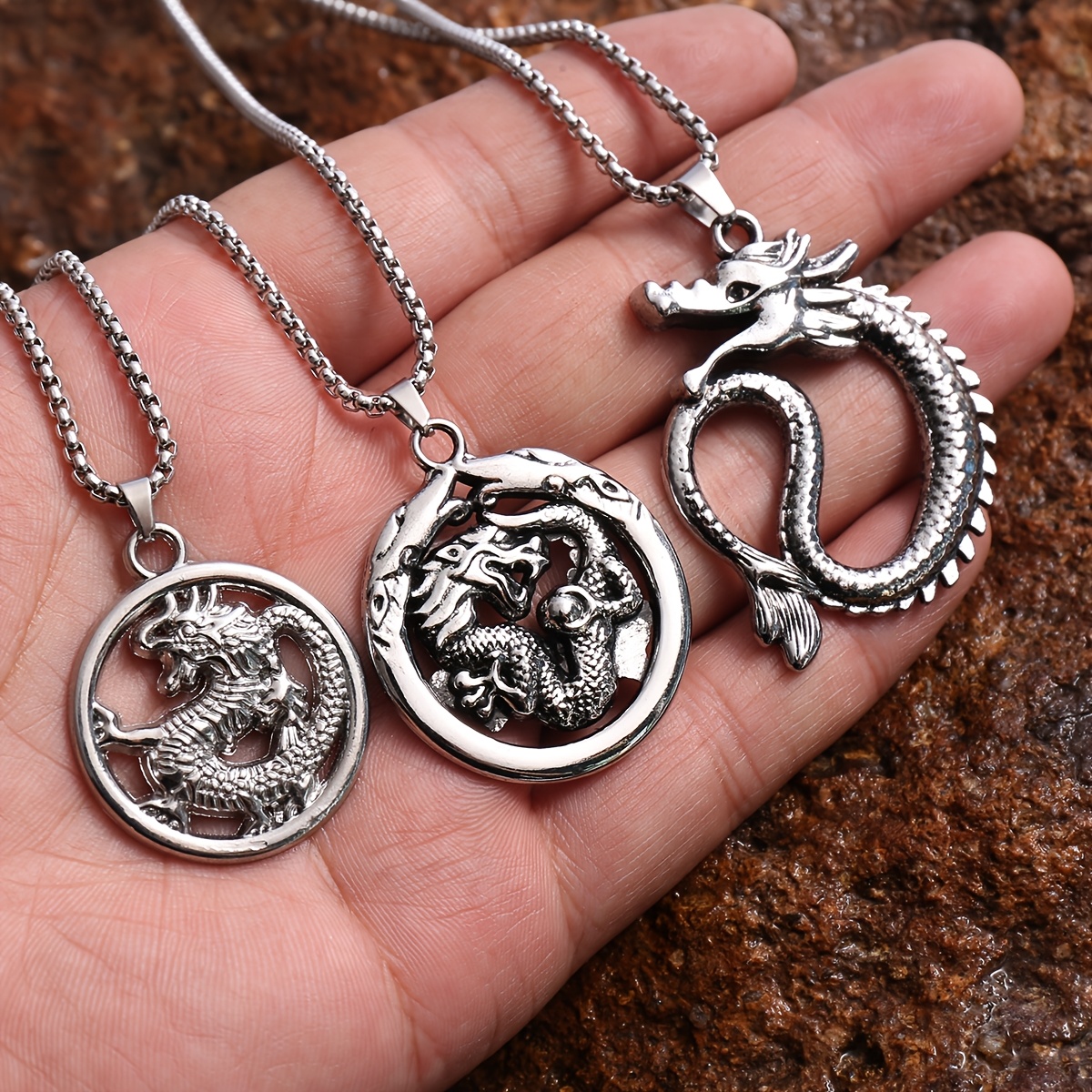 TEMU 3pcs Set: Three-dimensional Hollowed-out Dragon-shaped Necklace With Hypoallergenic Stainless Steel Chain, Vintage High-gloss Finish, Unique