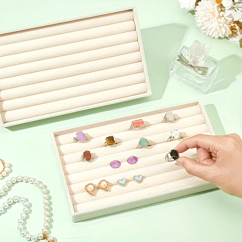 Schmuckablage-Set mit Schubladen-Stil, 2-teilig, Beige – Samtblade – Ohrring- Stecker-Schmuck-Präsentationsablage zur Schmuckaufbewahrung