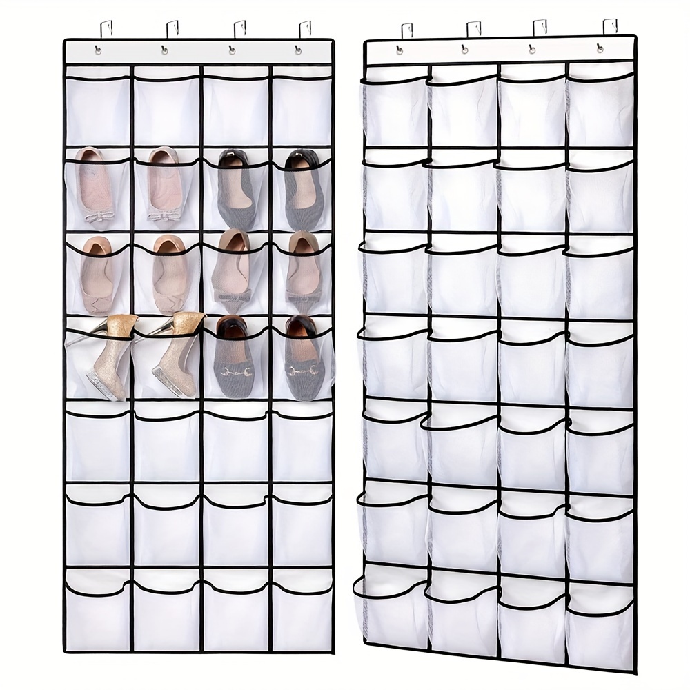 

28 Large Pockets On The Door Shoe Cabinet, Wall-mounted Shoe Cabinet, High-end Transparent Shoe Rack For Door, Door Behind Shoe Rack Storage Rack And 4 Metal Hooks White