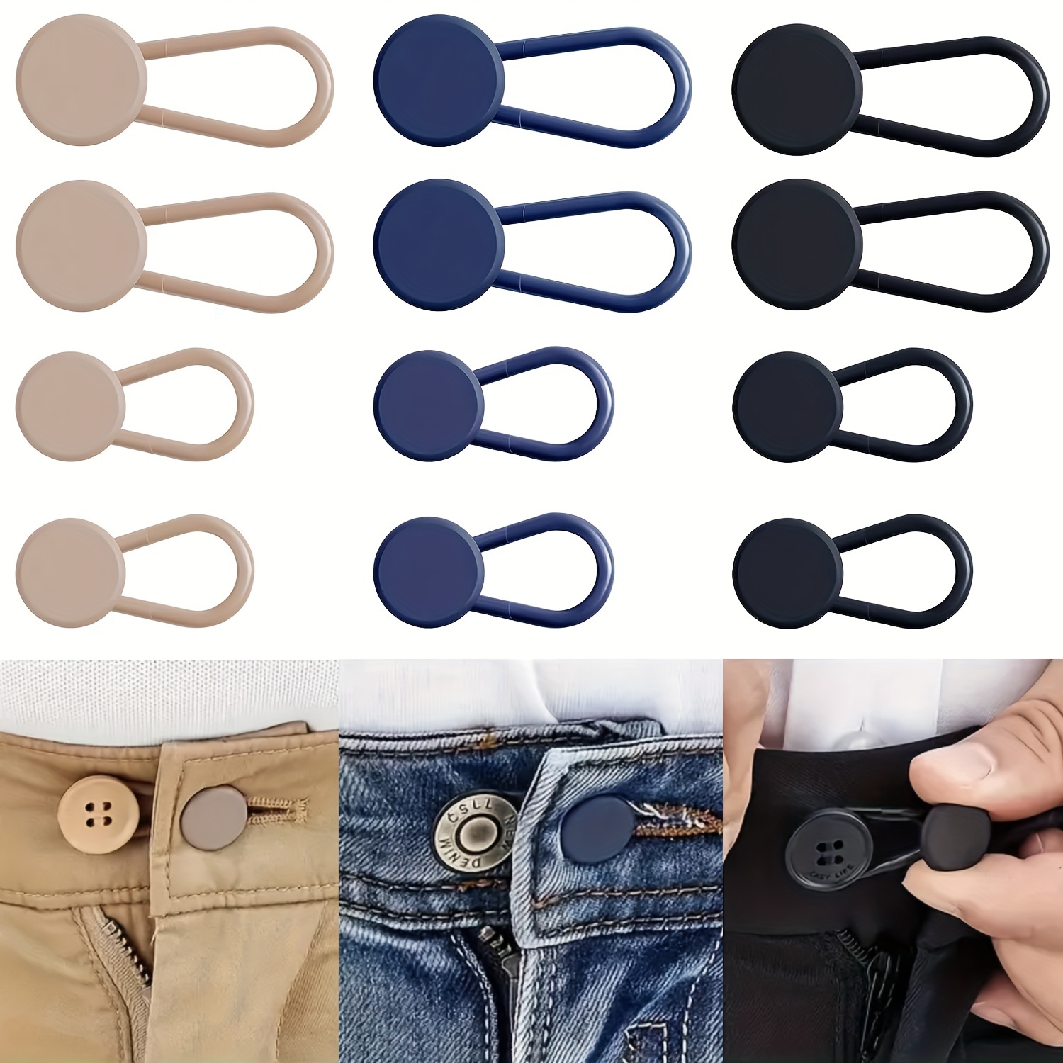 

12-piece No-sew Jean Waist Extenders - Adjustable Pants Button Expanders, Adds 1-1.4 Inches, Unisex, In Khaki/blue/black