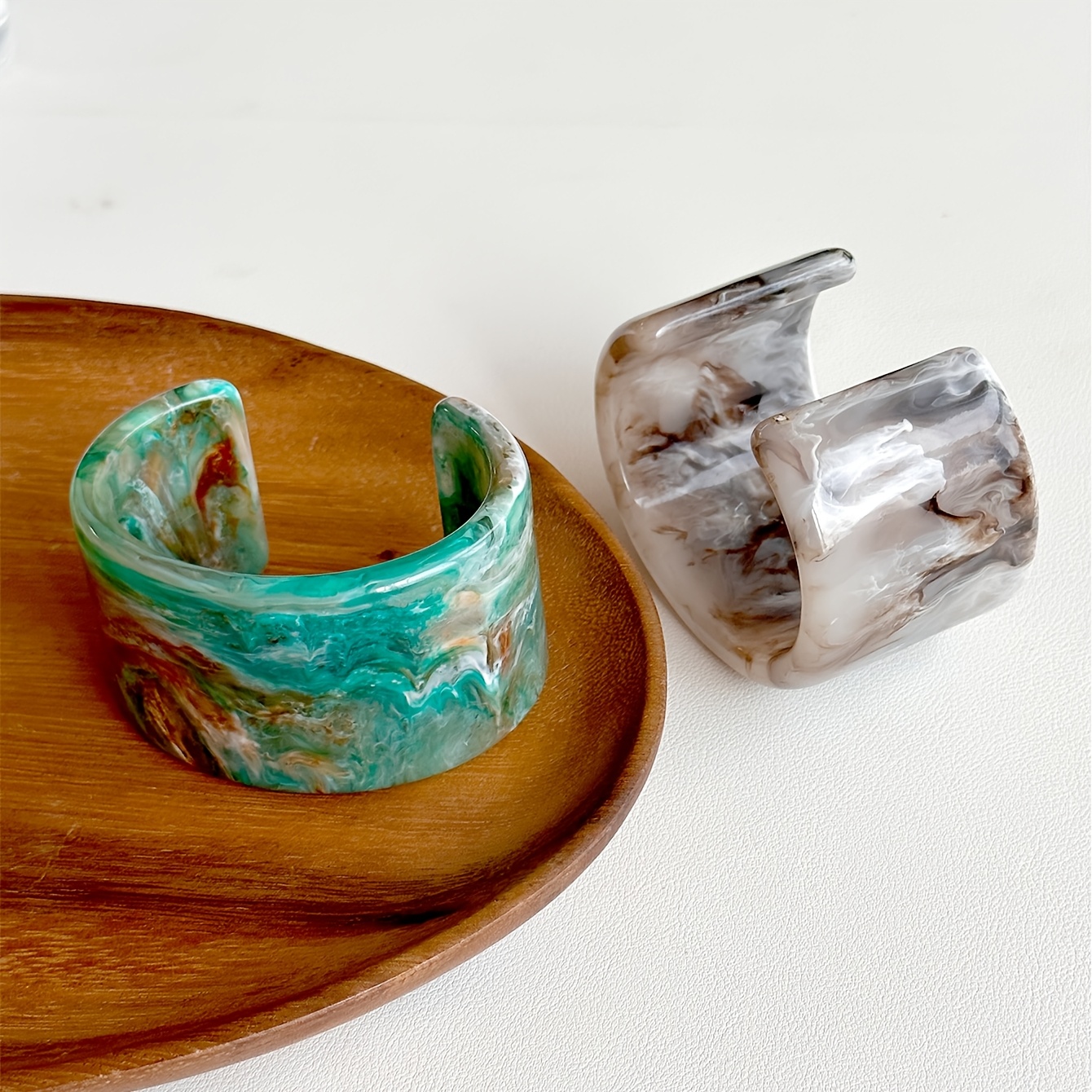 Boho Vintage Style Wide Resin Bangle Bracelet, Adjustable Cuff