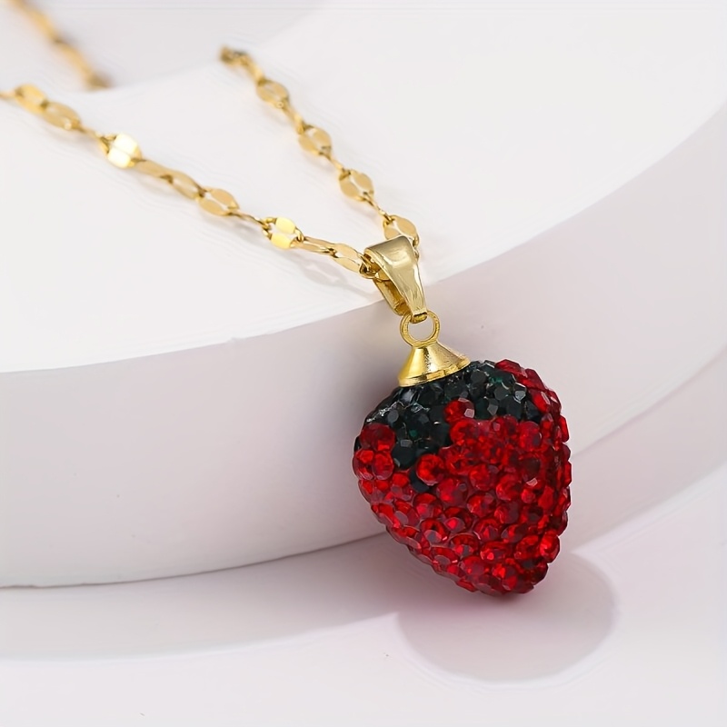 TEMU Strawberry Fruit Pendant Necklace With Full Rhinestones