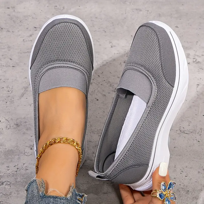 womens spring casual slip on sneakers comfortable solid color mesh fabric shoes non slip soft pvc sole low top plain toe walking shoes for middle aged and elderly details 5