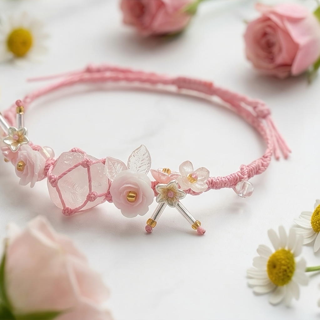 Crystal Handwoven Bracelet, Forest-Inspired Pink & White Design