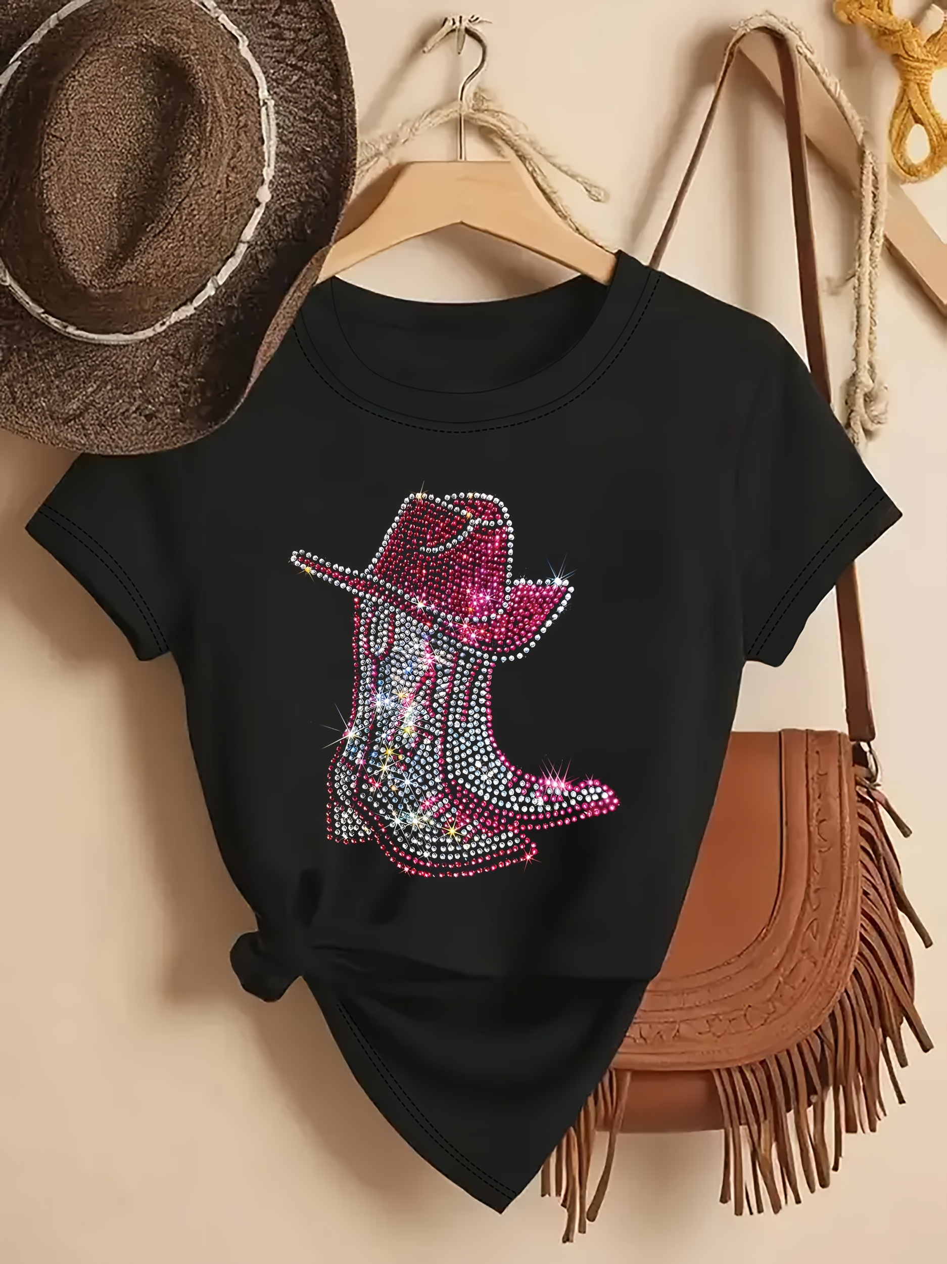 Camisa Vaqueros Con Pedreria Camiseta Manga Corta Estampado Bota