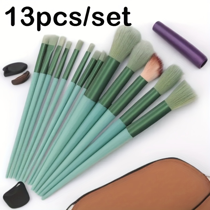 

13-piece Green Makeup Brush Set With Gift Bag - Abs Plastic Handles And Synthetic Bristles For Types