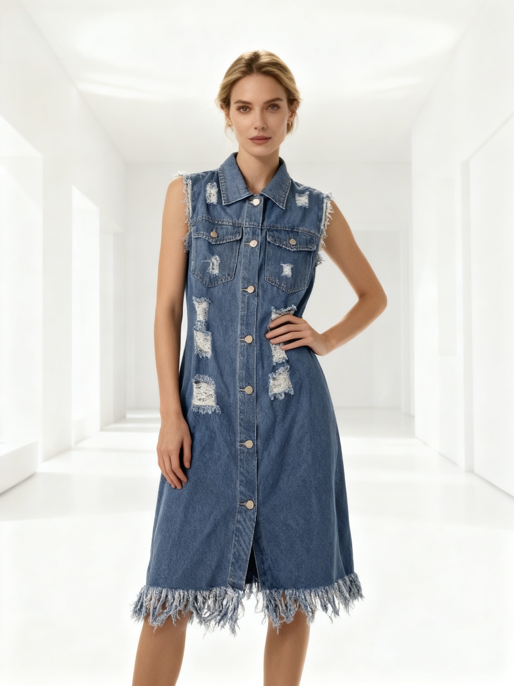 shredded denim dress Ripped Denim Overall Dress