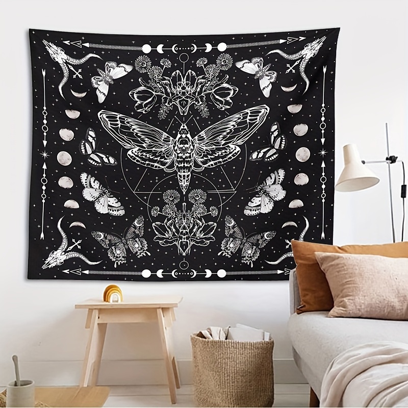 Image of 1pc Moth Tapestry Moon Phase And Stars Black And Phase Tapestries Wall Hanging For Living Room Bedroom Decor