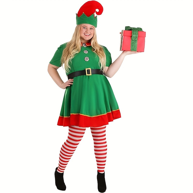 

5pcs, Womens Christmas Elf Holiday Costumes Dress And Hat Sock For Women, Christmas Decorations, Navidad, Stage Performance Props, Events Cosplay Props, Party Supplies