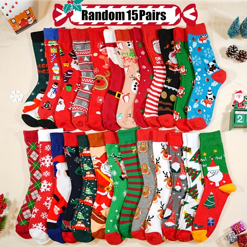 

15 Pairs Christmas Socks Set - Holiday Designs, Cozy Polyester And Spandex , Knit Fabric, Breathable And Warm, Unisex Long Tube Socks, Ideal Gift For