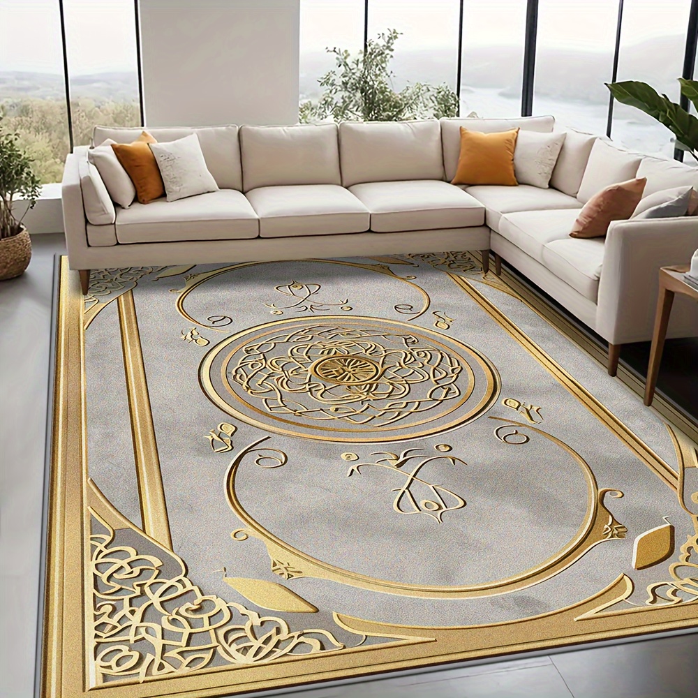 

Luxurious Faux Cashmere Area Rug With Golden Frame Design - Non-slip, Stain-resistant, Machine Washable For Indoor/outdoor Use, Gray Base