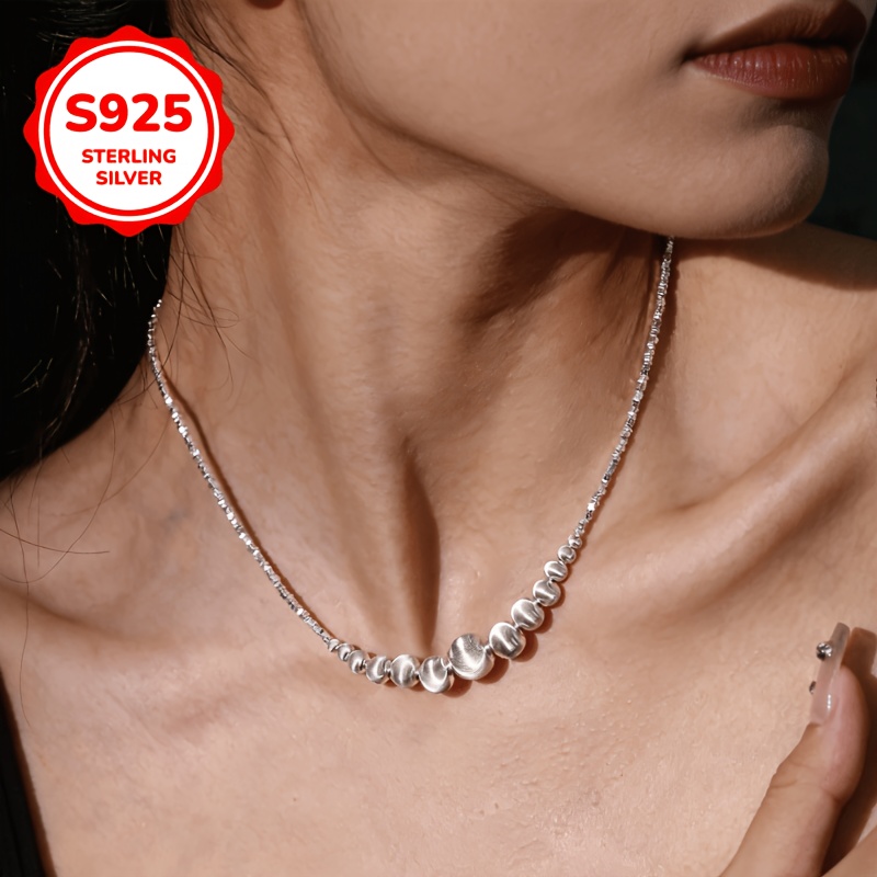 TEMU 925 Silver Hypoallergenic Gradient-size Bead Necklace, Cool And Sophisticated Versatile Clavicle Chain, Gift For Couples And , Casual Attire