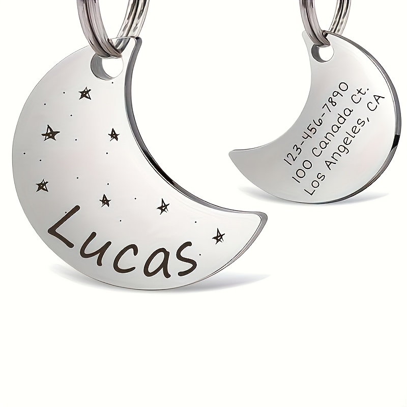 TEMU Custom 1pc Stainless Steel Moon-shaped Pet Id Tag, Personalized Engraving On For Cat Tags, Starry Sky Themed Tag That Customized With Pet's Name